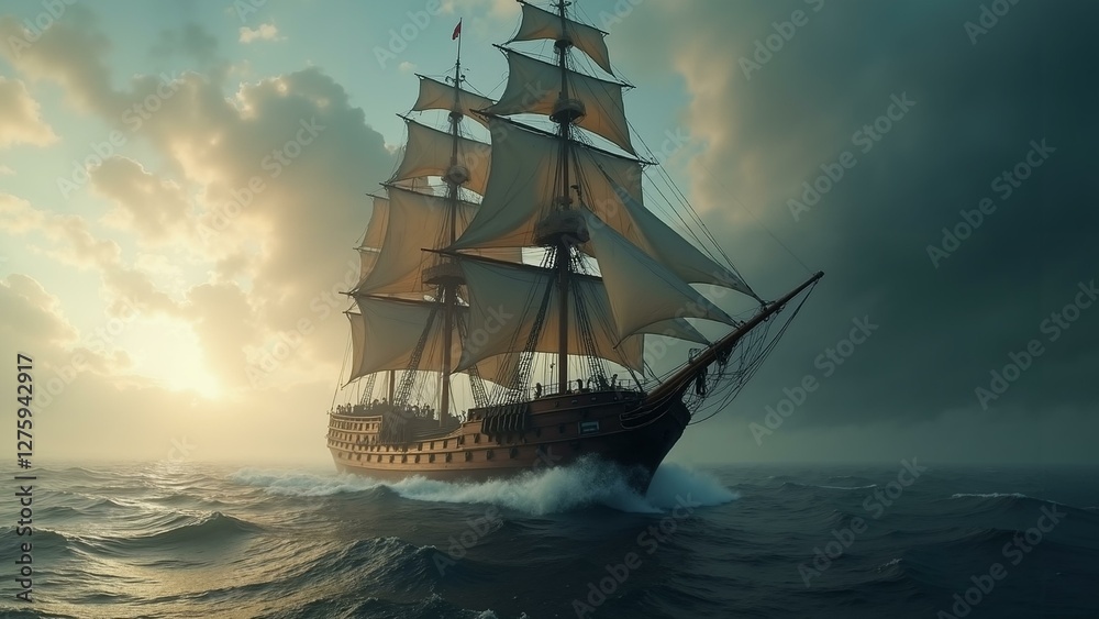 Fototapeta premium A captivating pirate ship sailing through a cinematic movie scene with intricate details and dynamic camera angles., ultra detailed, 8k resolution, HDR, professional