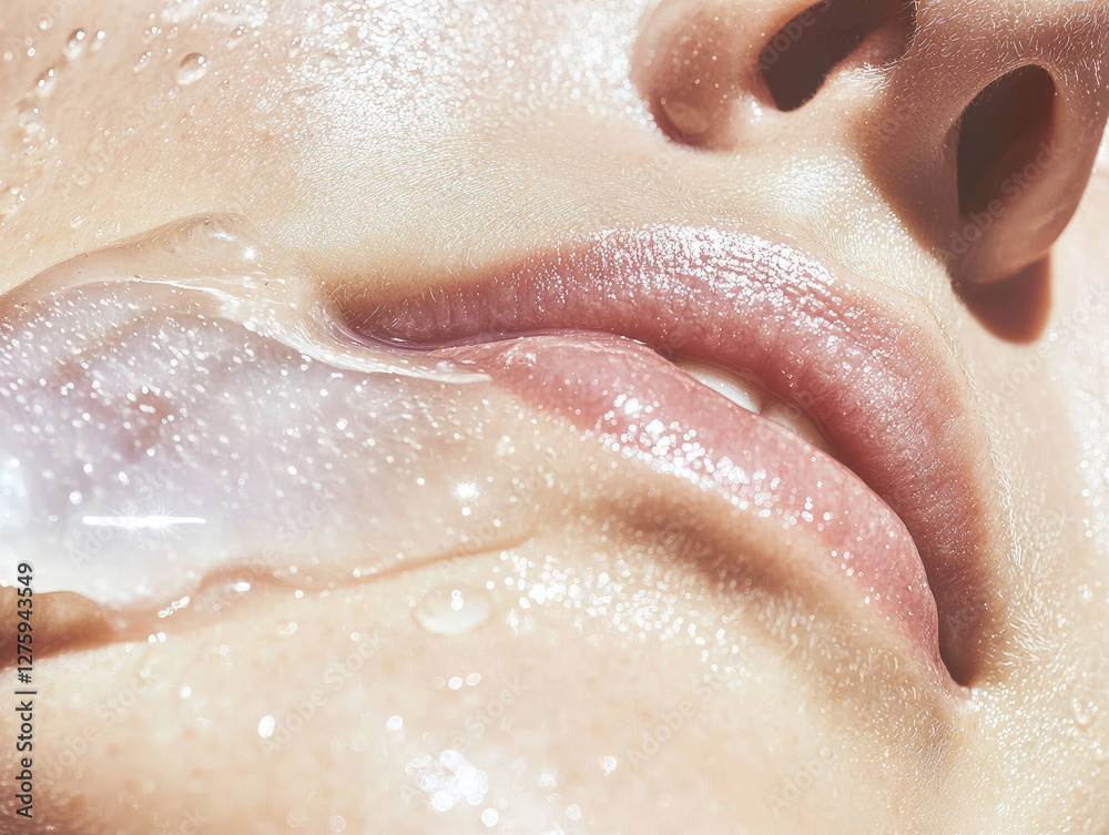 Fototapeta premium close up image of woman lips with glossy substance applied, highlighting skincare and hydration. texture and shine emphasize fresh and moisturized appearance