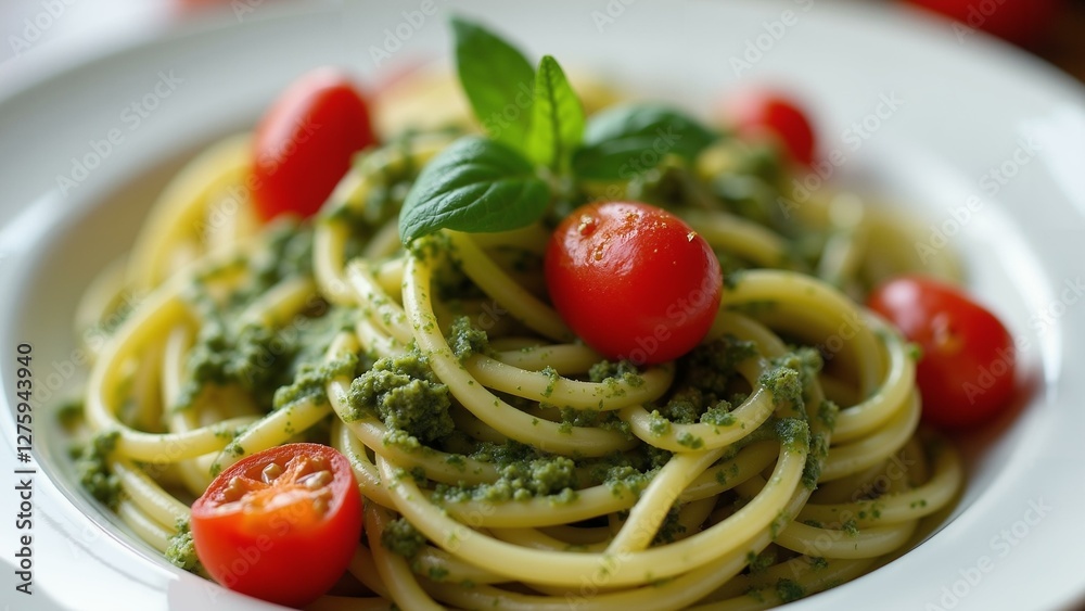 Appetizing vegetarian dish featuring a vibrant plate of pasta with rich pesto sauce, adorned with succulent cherry tomatoes., ultra detailed, 8k resolution, HDR, professional Appetizing vegetarian dish featuring a vibrant plate of pasta with rich pesto sauce, adorned with succulent cherry tomatoes., ultra detailed, 8k resolution, HDR, professional
