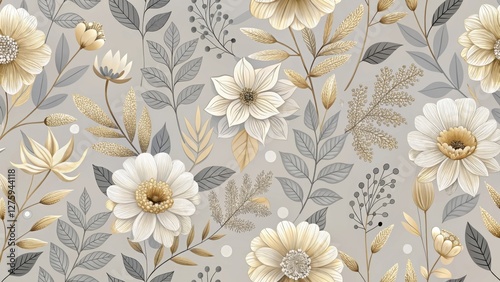 Elegant Beige and Gray Floral Design Featuring Various Bloom Types and Delicate Foliage Arranged in a Seamless Pattern