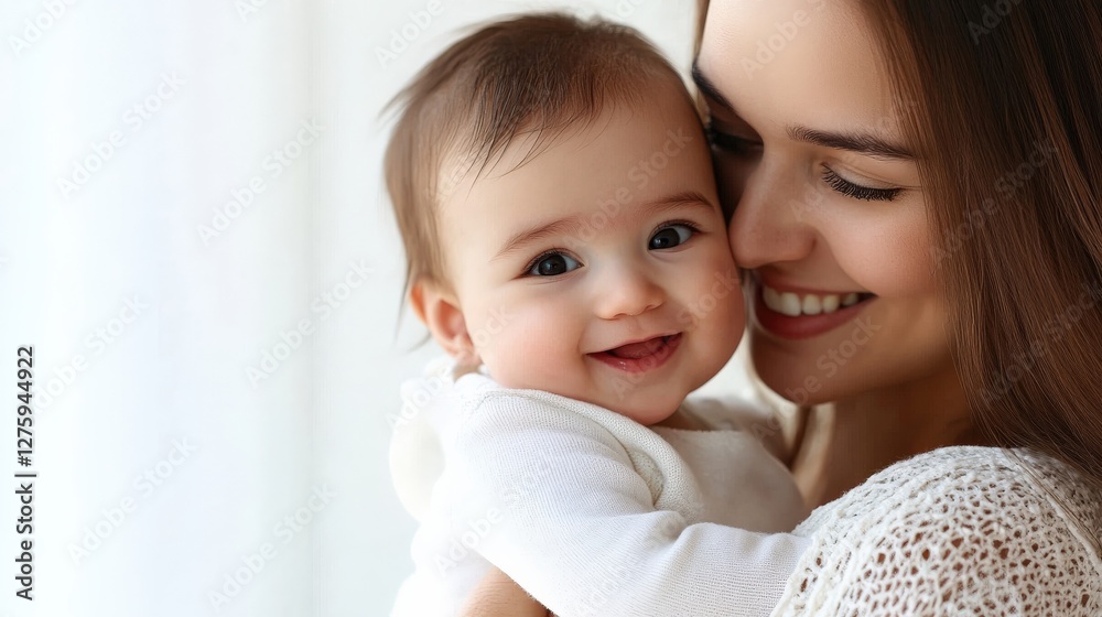 Smiling mother holds her joyful baby in a bright, softly lit indoor setting, capturing warmth Smiling mother holds her joyful baby in a bright, softly lit indoor setting, capturing warmth