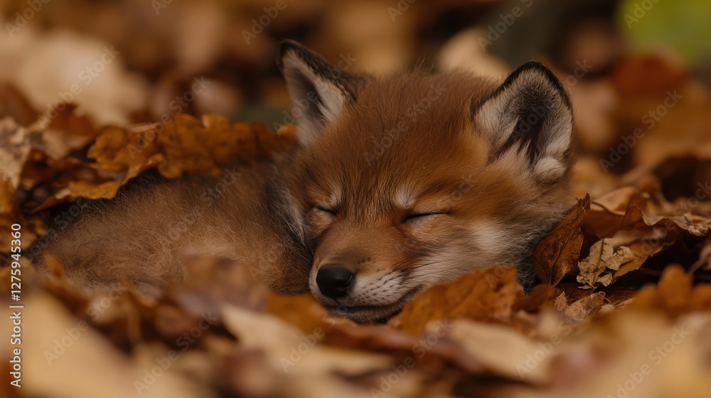 Fototapeta premium Adorable Red Fox Kit Sleeping Cozy Among Autumn Leaves in Forest