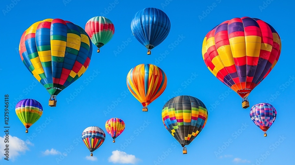 Fototapeta premium Colorful hot air balloons float against a vibrant blue sky.