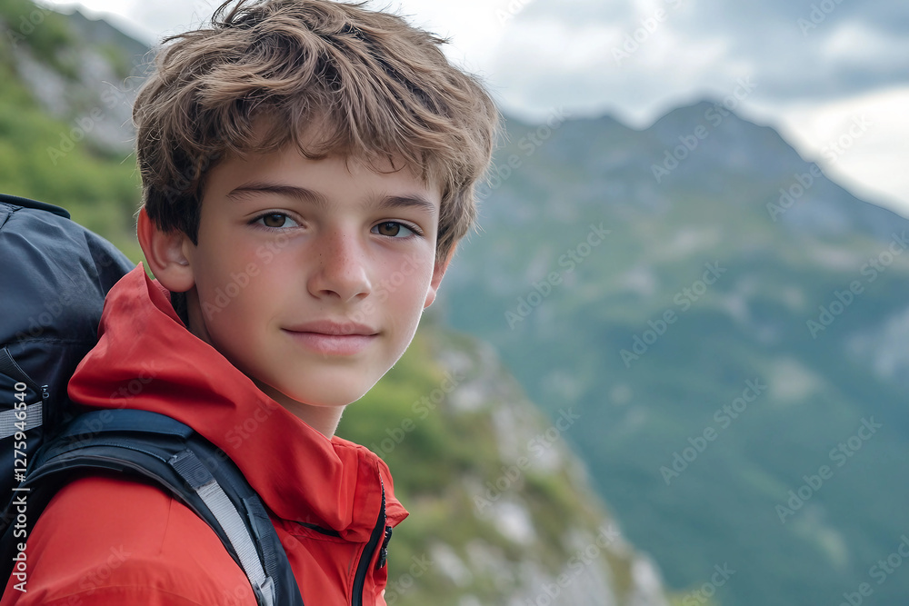 Portrait of a young traveler wearing a yellow jacket and backpack during a scenic outdoor adventure, Generative AI Portrait of a young traveler wearing a yellow jacket and backpack during a scenic outdoor adventure, Generative AI