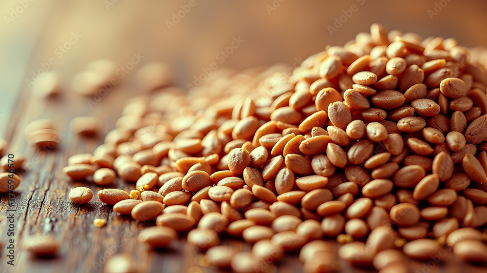 Obraz premium Close-up of a pile of golden seeds on a rustic wooden surface. Natural light illuminates the warm tones.