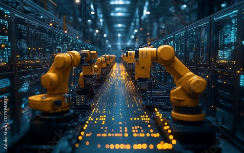 Automated robotic arms assembly line in factory