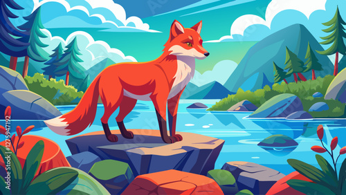 Beautiful red fox standing on a few stones over the water surface. Very focused on its prey. Pure natural wildlife photo. Ready to hunt.