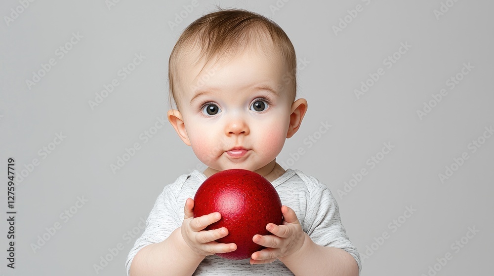 Baby holding red ball, studio portrait, infant, cute Baby holding red ball, studio portrait, infant, cute