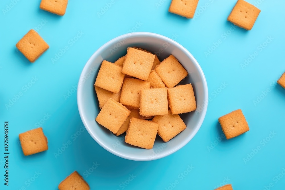 Fototapeta premium A bowl filled with crackers sits on a blue surface, perfect for snacking or as part of a table setting