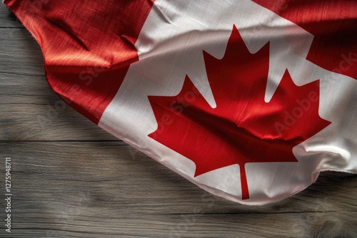 A single Canadian flag placed on a wooden table photo