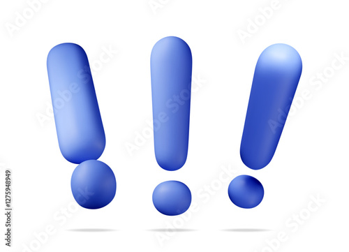 3D blue exclamation mark isolated on white. Render attention, information, danger and warning icon. Alert and alarm symbol. Social media network notification reminder. Vector illustration