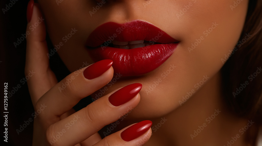 Naklejka premium Red Lips and Nails Sensual Glamour Close-up