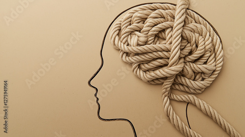 The outline of the human head is drawn on cardboard, with an abstract brain made from ropes and a rope wrapped around it in a knot on top. 