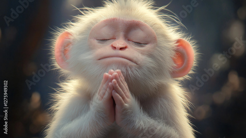 A white monkey with closed eyes and prayerfully folded arms, cute white hair with pink ears, open eyes
