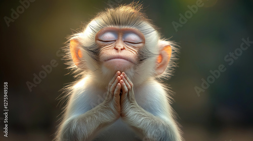 A white monkey with closed eyes and prayerfully folded arms, cute white hair with pink ears, open eyes