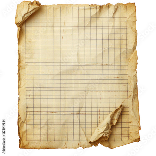 Old crumpled graph paper with torn edges and stains isolated on png transparent background, cut out photo