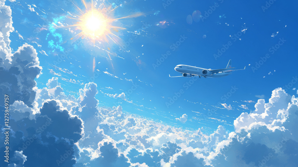 Fototapeta premium Plane fly in sky above white fluffy clouds and sun. Concept of passenger aircraft flight, travel, commercial aviation. Vector cartoon illustration of flying big airplane on sunny sky background