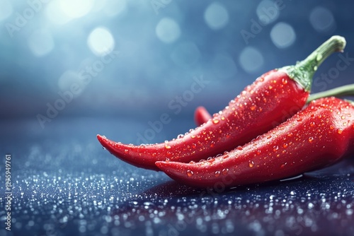 A pair of red chili peppers sit on a table, ready for use in cooking