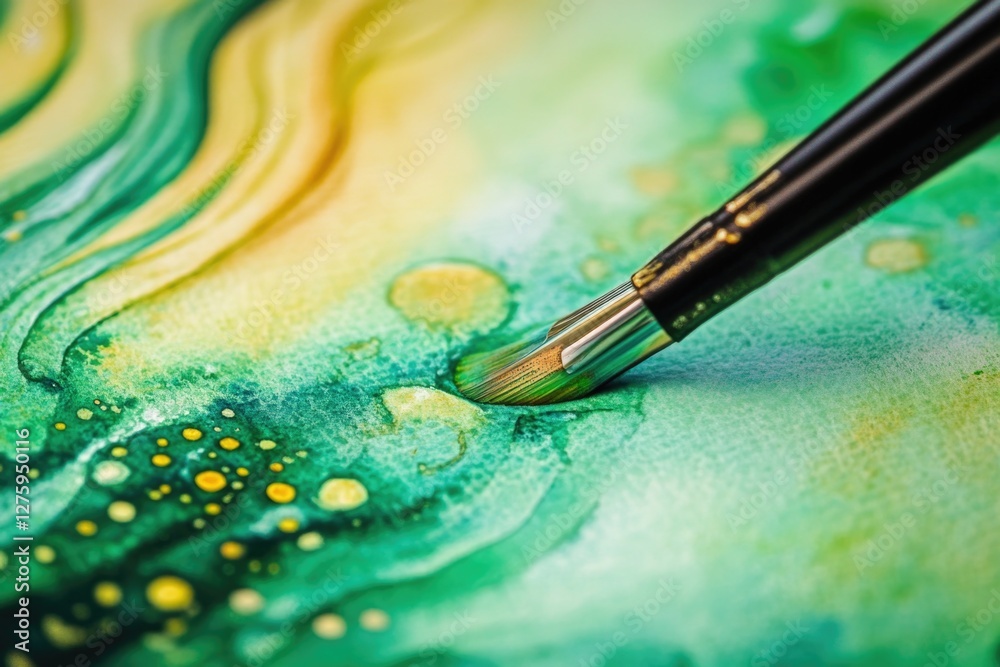 A detailed shot of an artist's brush and part of the painting being created, possibly in an art studio or at home A detailed shot of an artist's brush and part of the painting being created, possibly in an art studio or at home