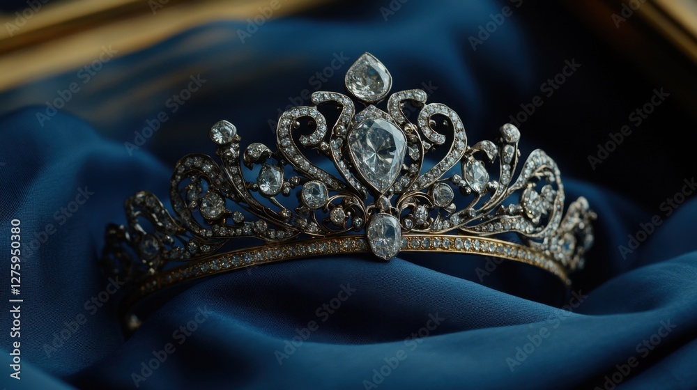 Fototapeta premium A vintage diamond tiara with intricate metalwork resting on a royal blue fabric
