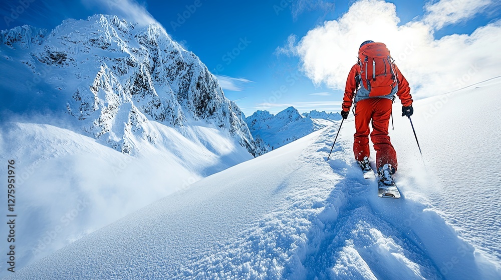 Skier poised on snowy slope, ready for descent, embodying focus and adventure. Skier poised on snowy slope, ready for descent, embodying focus and adventure.