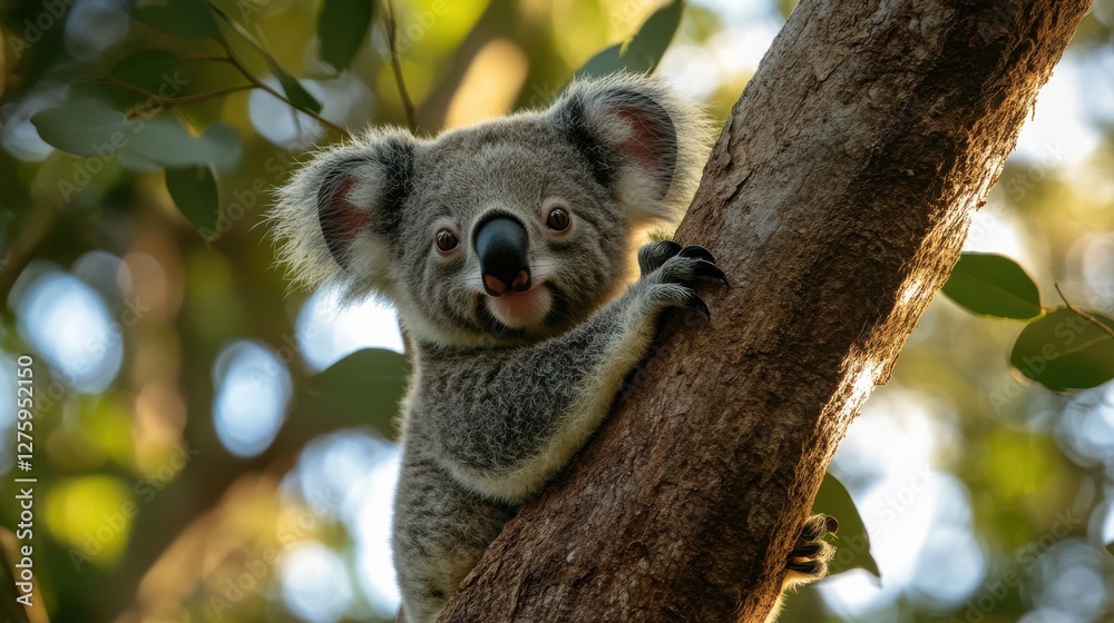 Fototapeta premium Curious Koala Climbing a Tree in Natural Habitat During Daylight