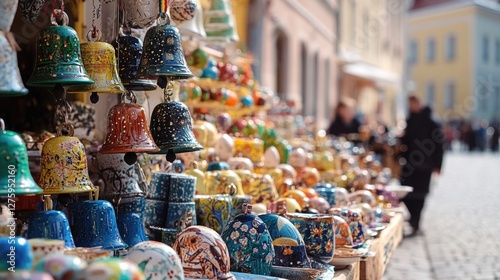 A vibrant display of pottery on a city sidewalk, perfect for illustrating urban culture and community art