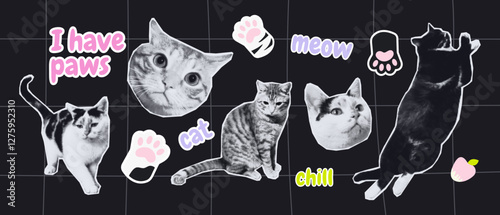Playful halftone Collage of Cats with Fun Stickers and Text