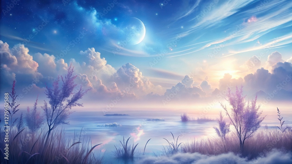 Serene dreamscape ethereal dawn over a tranquil misty lake, pastel clouds and crescent moon in a starlit sky, gentle grasses swaying in the breeze. Serene dreamscape ethereal dawn over a tranquil misty lake, pastel clouds and crescent moon in a starlit sky, gentle grasses swaying in the breeze.