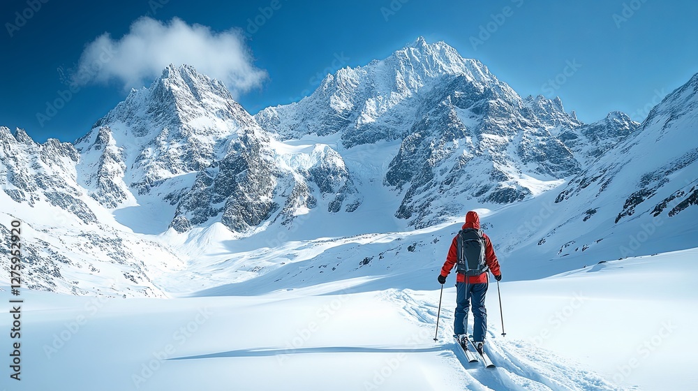 Skier poised on snowy slope, ready for descent, embodying focus and adventure. Skier poised on snowy slope, ready for descent, embodying focus and adventure.
