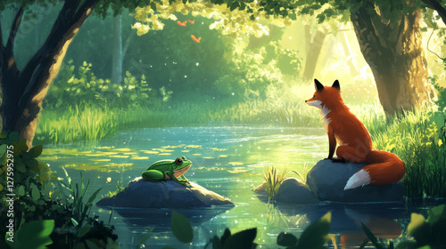 Frog and fox near summer forest lake. Vector cartoon illustration of beautiful natural scenery with river, stones in water, green grass and bushes, bright sunlight penetrating foliage of old trees