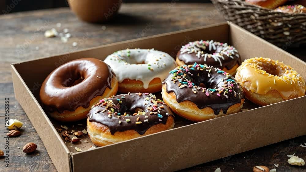 Video footage of box of assorted donuts with various toppings, including chocolate, white icing, and sprinkles, arranged on a wooden table