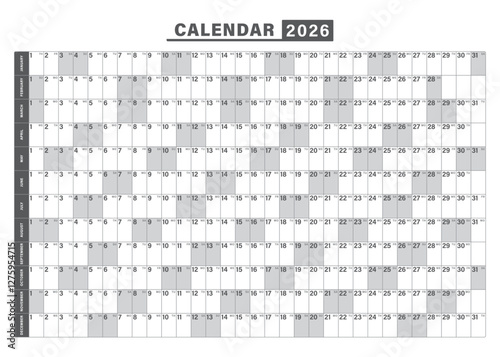Horizontal black and white 70x50 modern classic calendar 2026. Calendar planner template. Desk or wall calendar in minimalist style