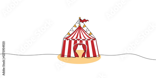 Minimalist illustration of a circus tent with red and white stripes, a waving flag, and decorative bunting on a white background. Vector illustration