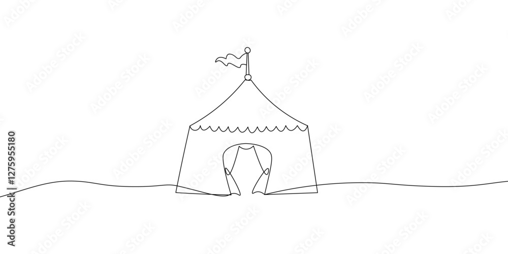 Simple continuous line art illustration of a circus tent with a flag, drawn in a minimalist black and white style. Vector illustration Simple continuous line art illustration of a circus tent with a flag, drawn in a minimalist black and white style. Vector illustration