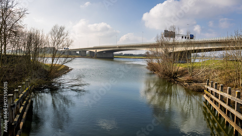 The New IJssel bridge (also called Katerveerbrug or Brug Katerveer II) is a bridge over the IJssel near Zwolle, over which the A28 runs. Photo taken on a sunny winter day near Zwolle photo