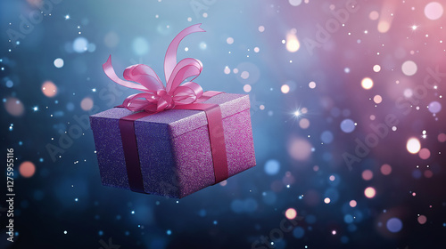 Gift Box with Pink Ribbon and Sparkling Bokeh Background for Festive Holiday Celebrations, Christmas, and Special Occasions.