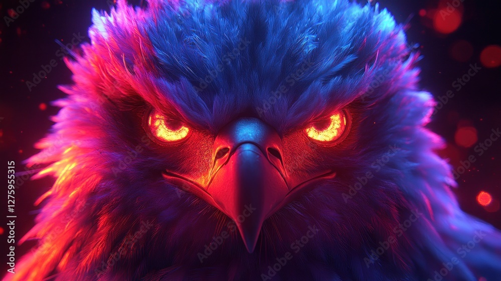 Obraz premium Fierce eagle portrait, neon glow, dark background, game asset
