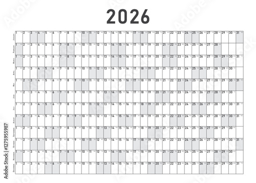 Horizontal black and white 70x50 modern classic calendar 2026. Calendar planner template. Desk or wall calendar in minimalist style