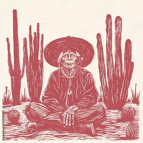 Vector illustration of a Native American man in a sombrero, sitting in the desert with cacti. An old Mexican shaman sits among cacti in the Sonoran desert. Woodcut style. Represents Southwest culture.