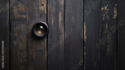 A peephole with a lens embedded in a dark wooden door, partially opened. Copy space available