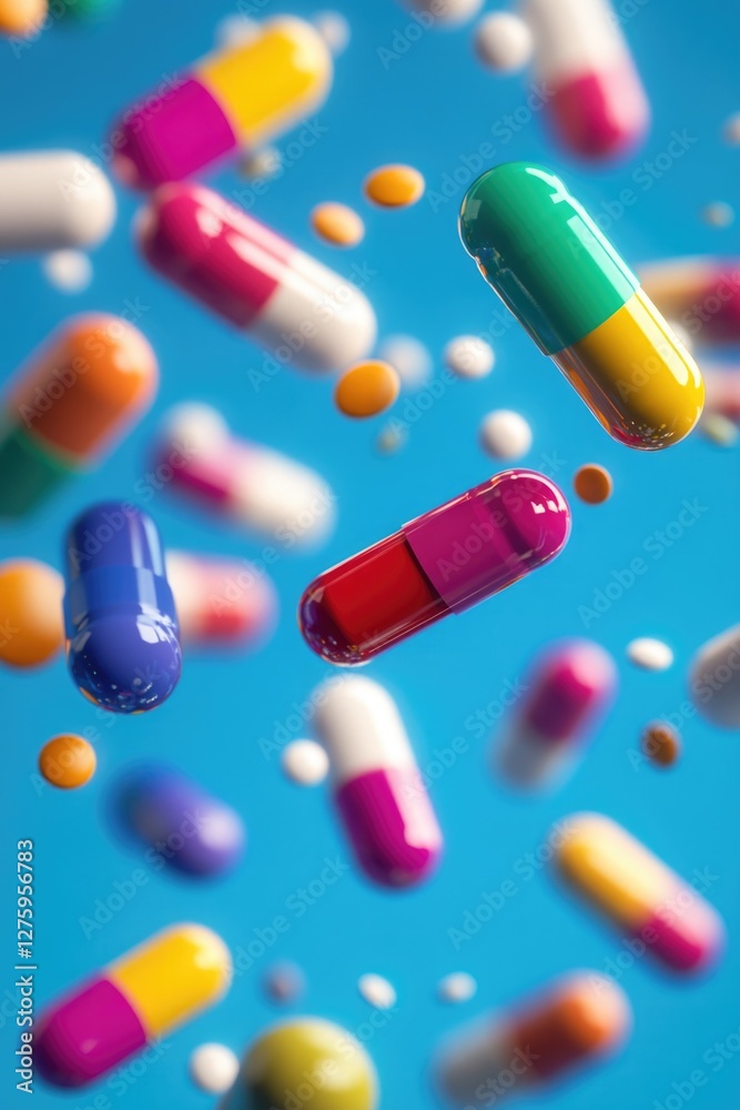 A bunch of colorful pills suspended in mid-air A bunch of colorful pills suspended in mid-air