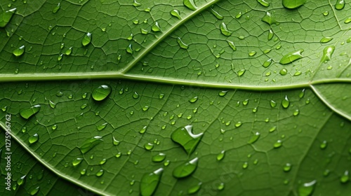 Lush green leaf covered in glistening raindrops after a gentle shower