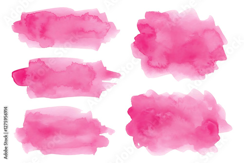 Set of Five Delicate Pink Watercolor Blots on transparent background.