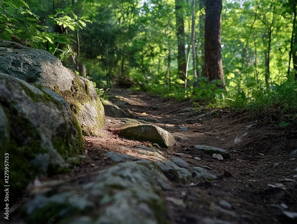 forest trail. The scene features a dirt path that winds through a lush green landscape, bordered by large rocks and dense foliage. Sunlight streams through the canopy of tall trees, casting dappled sh forest trail. The scene features a dirt path that winds through a lush green landscape, bordered by large rocks and dense foliage. Sunlight streams through the canopy of tall trees, casting dappled sh