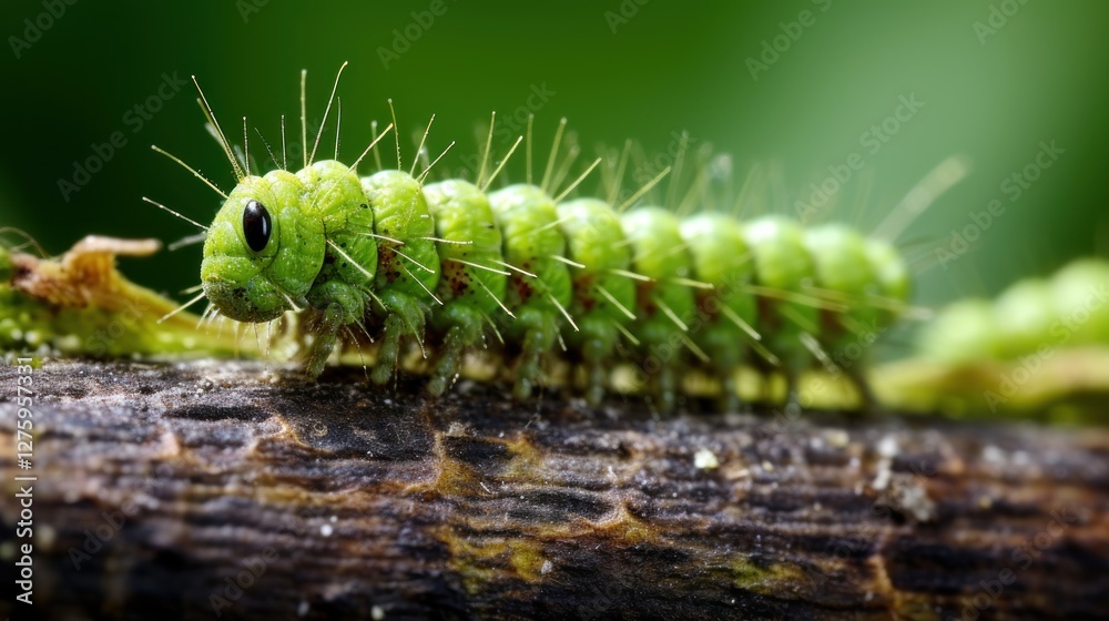 Detailed close-up of a vibrant green caterpillar crawling on a branch Detailed close-up of a vibrant green caterpillar crawling on a branch