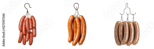 Different Types of Sausages Hanging in Butcher Shop Isolated on transparent background