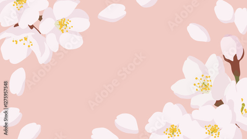 Frame with hand drawn big cherry blossoms and petals in pink background