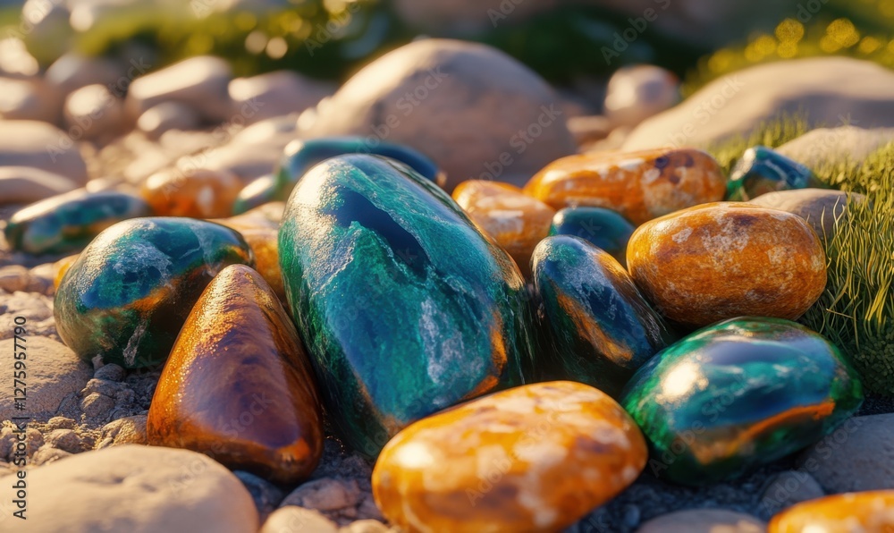 Smooth polished gemstones on rocks, nature background, ideal for backgrounds Smooth polished gemstones on rocks, nature background, ideal for backgrounds