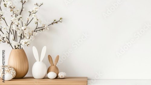 Seasonal decor featuring rabbits and blossoms on a minimalist shelf in a bright room, Happy easter